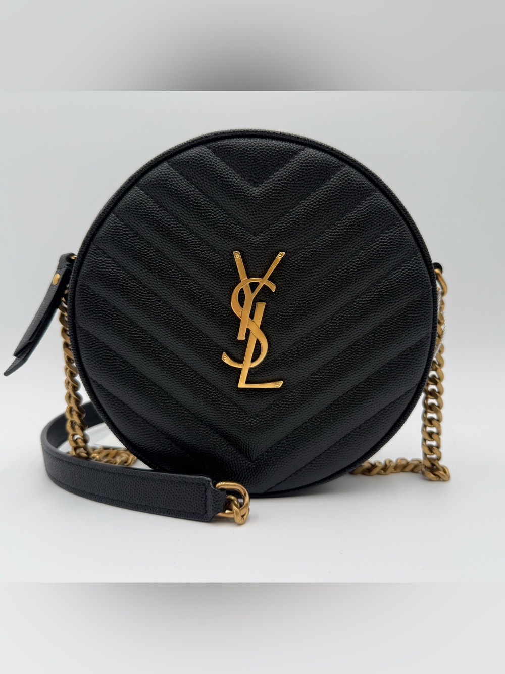 Saint Laurent Vinyle YSL Round Camera Crossbody Calfskin Pebbled Black Leather